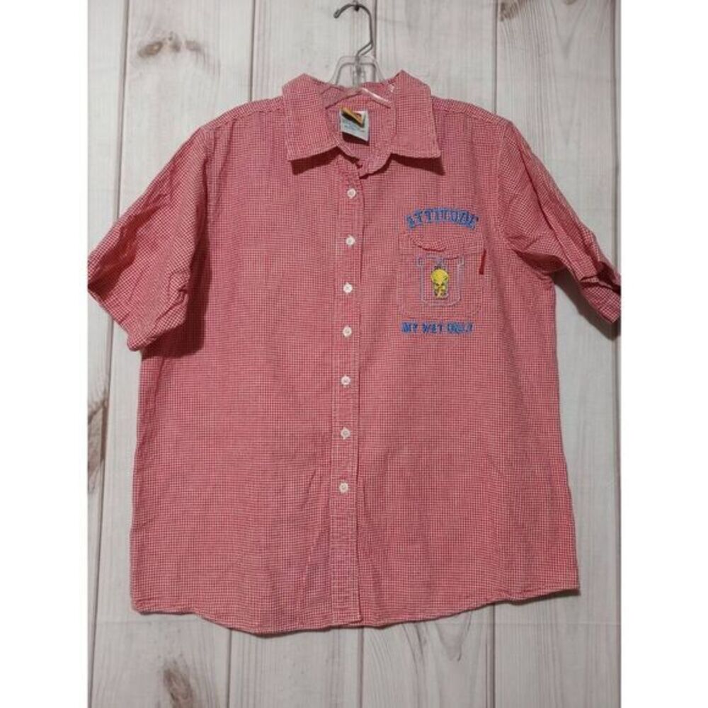 Looney Tunes Tweety‎ Bird Gingham Button Down Shirt Red White Womens 14/16W L XL